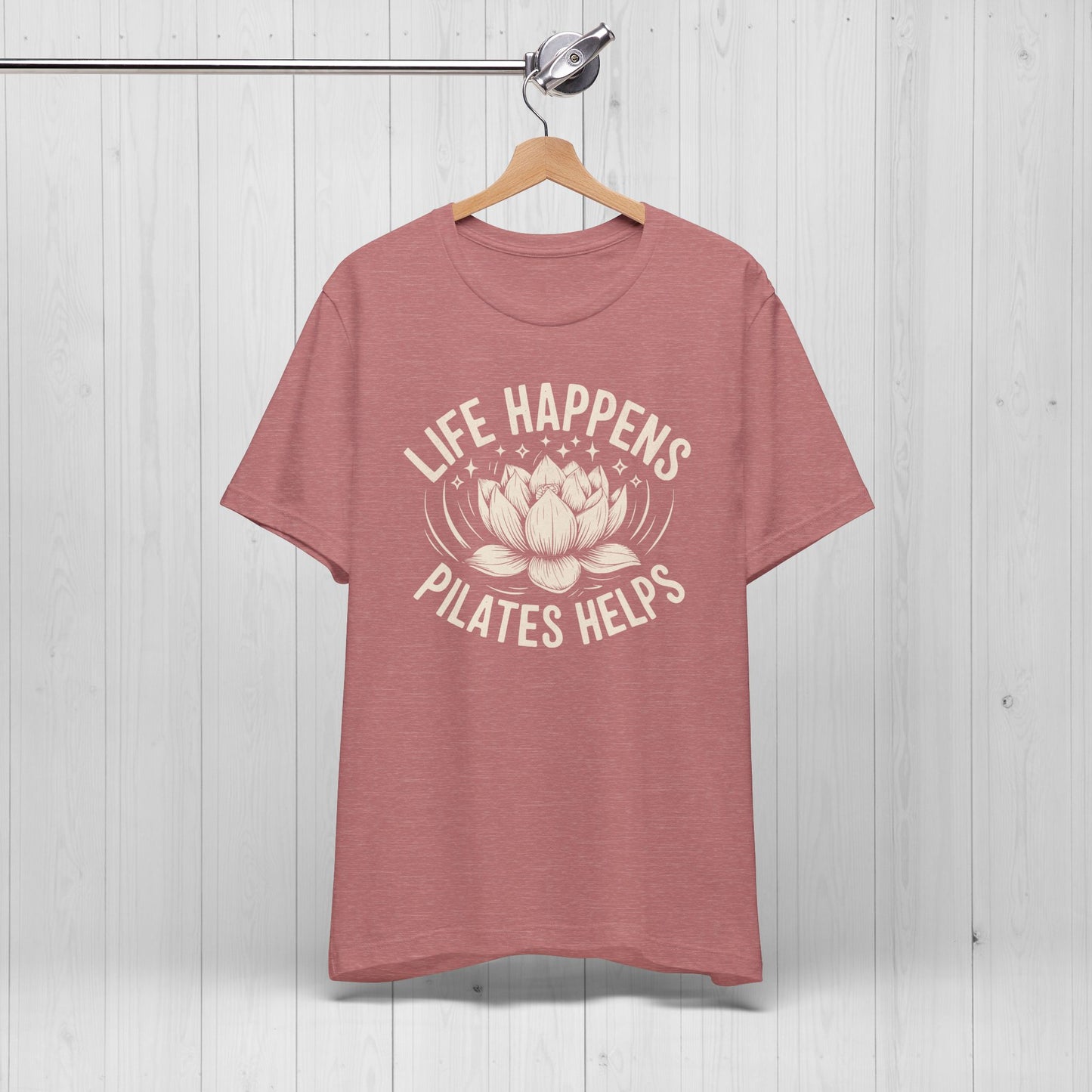 Life Happens Pilates Helps Shirt – Yoga Tee with Lotus