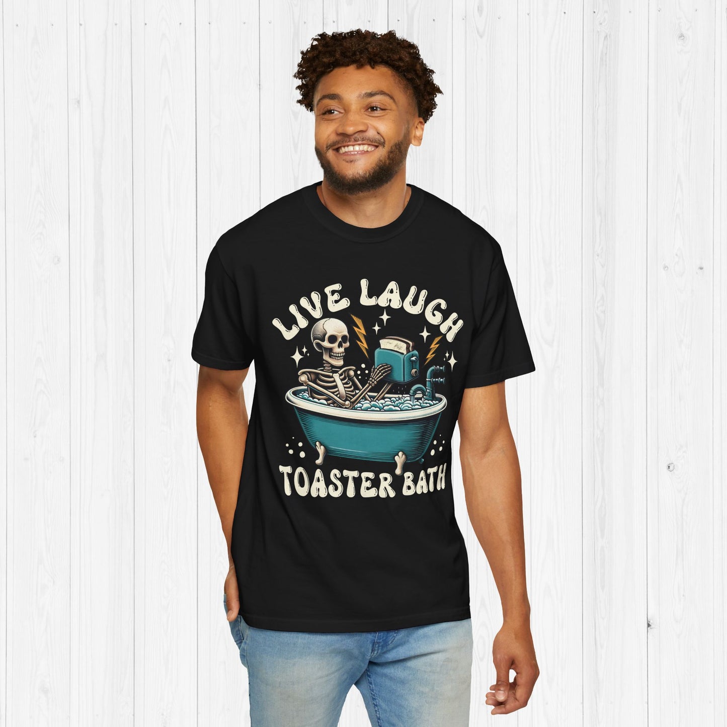Live Laugh Toaster Bath Tee – Funny Dark Humor Skeleton Shirt