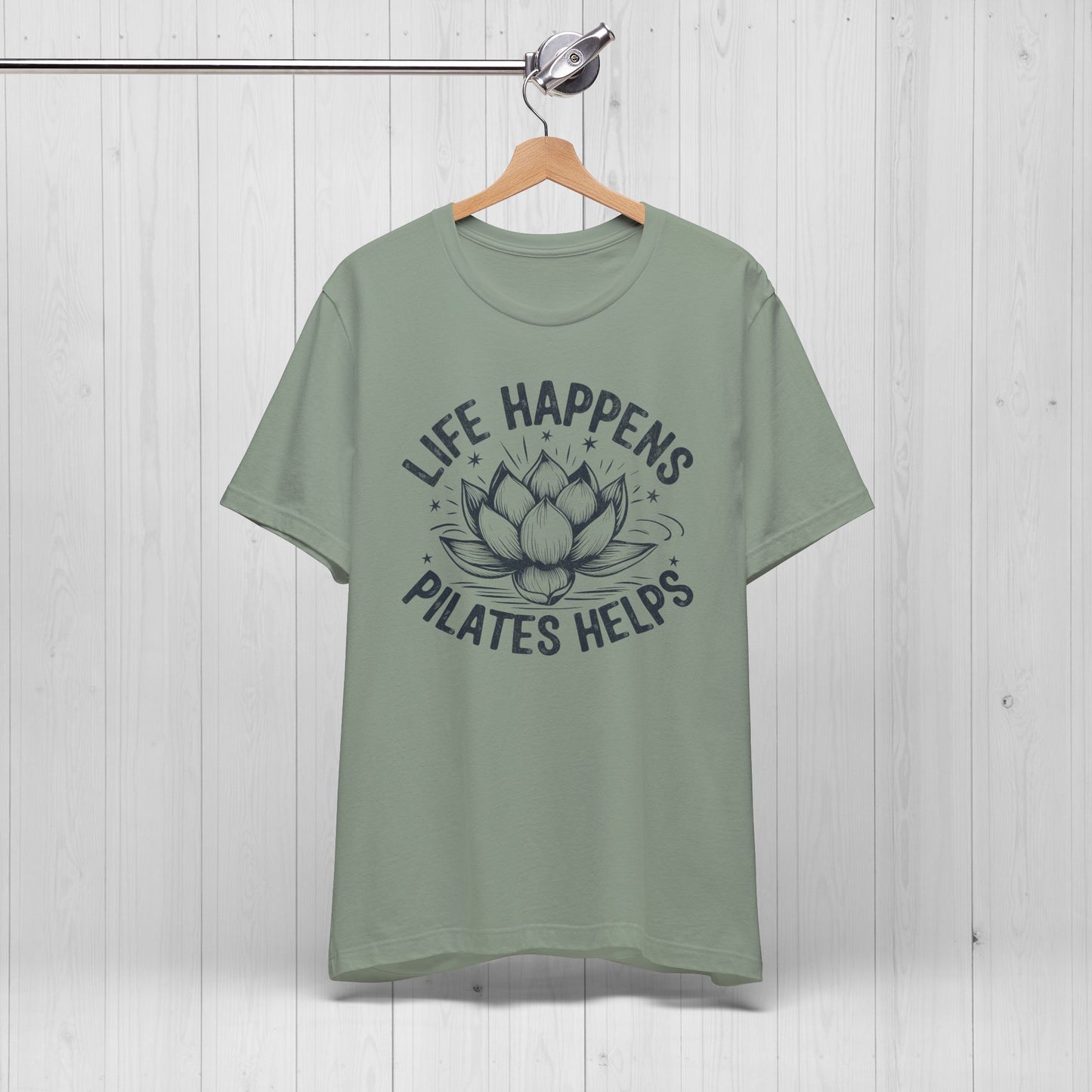 Life Happens Pilates Helps Shirt – Yoga Tee with Lotus