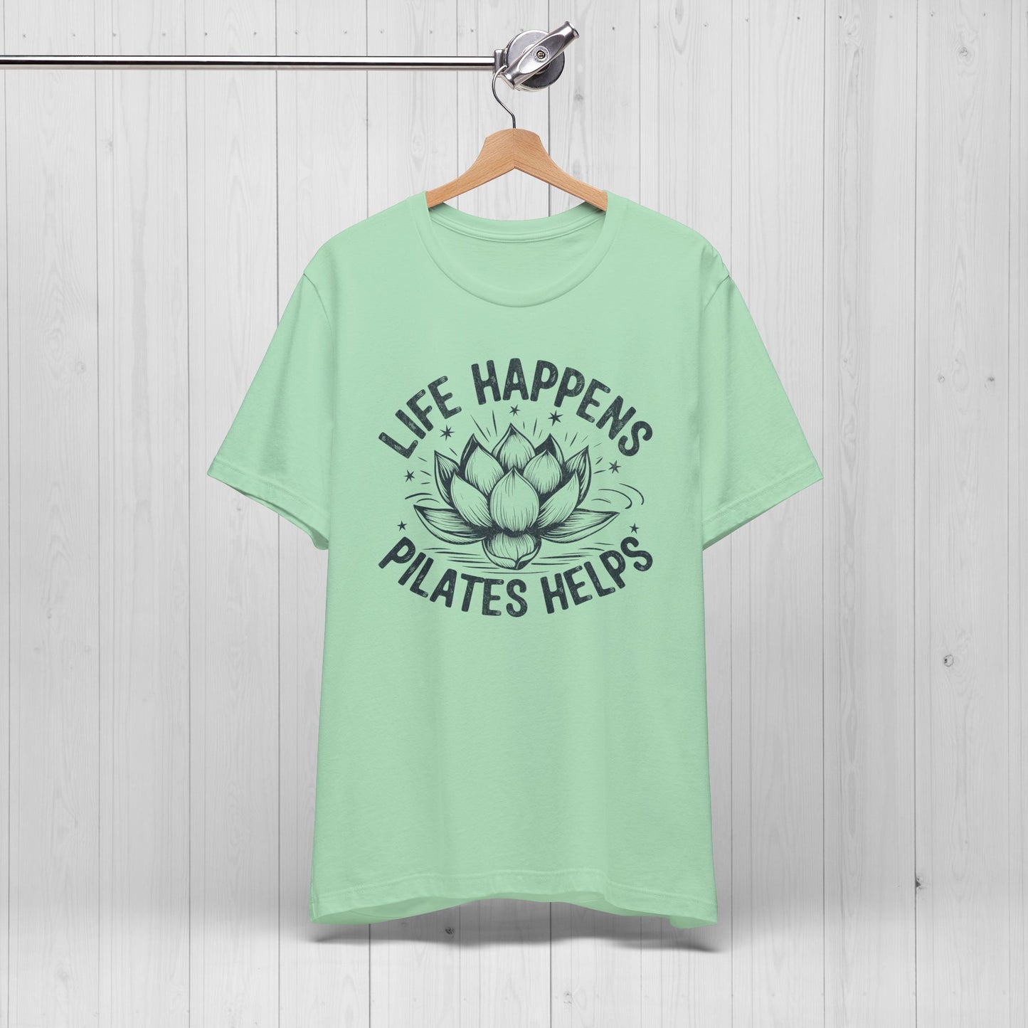 Life Happens Pilates Helps Shirt – Yoga Tee with Lotus