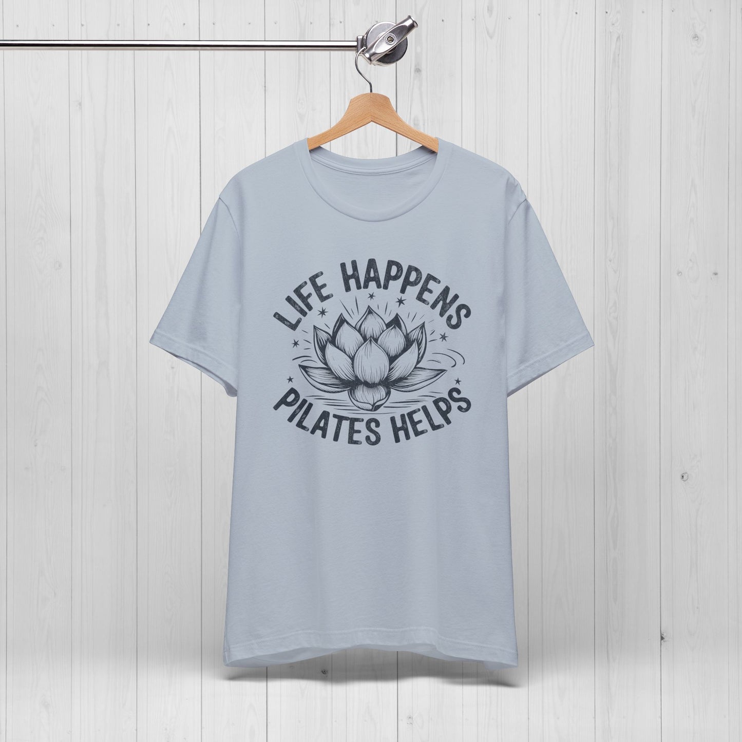 Life Happens Pilates Helps Shirt – Yoga Tee with Lotus