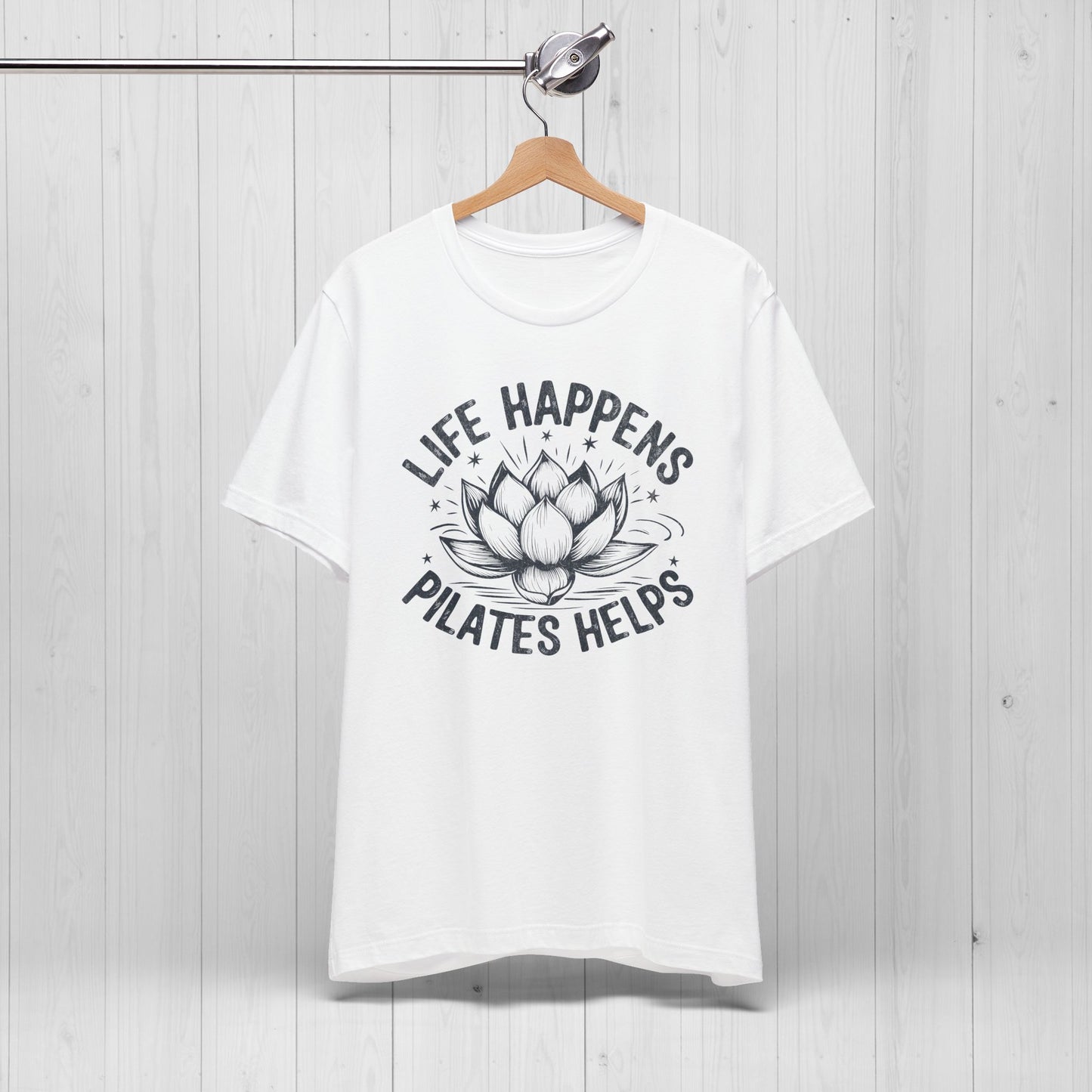 Life Happens Pilates Helps Shirt – Yoga Tee with Lotus