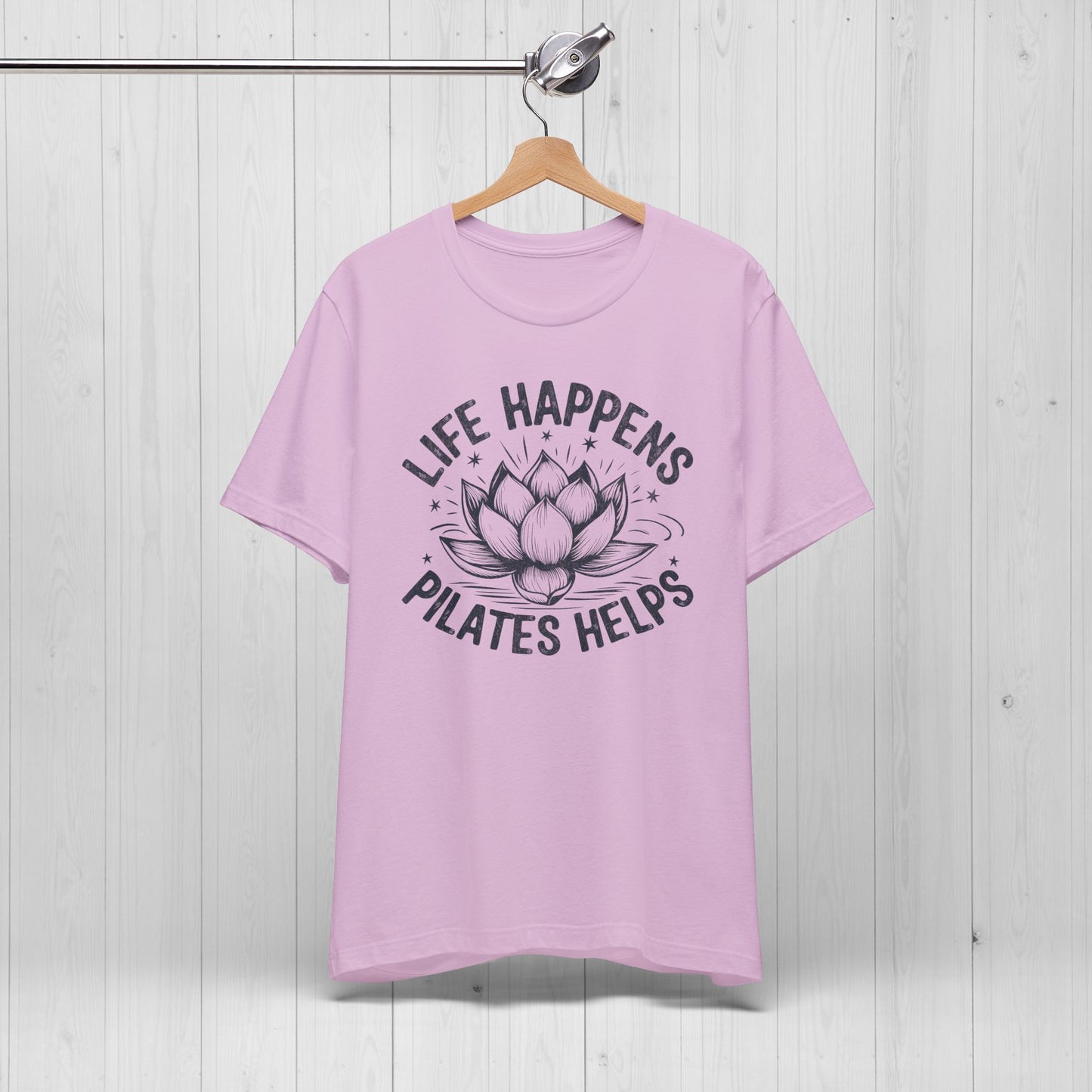 Life Happens Pilates Helps Shirt – Yoga Tee with Lotus