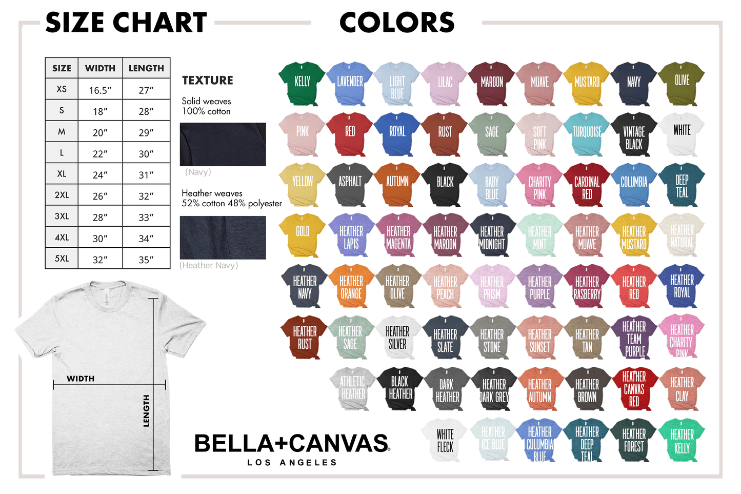 Bella + Canvas 3001 Sizing and Color Chart