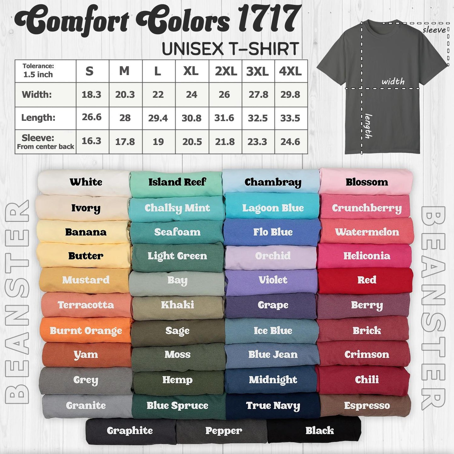 Comfort Colors 1717 Size Chart And Color Chart