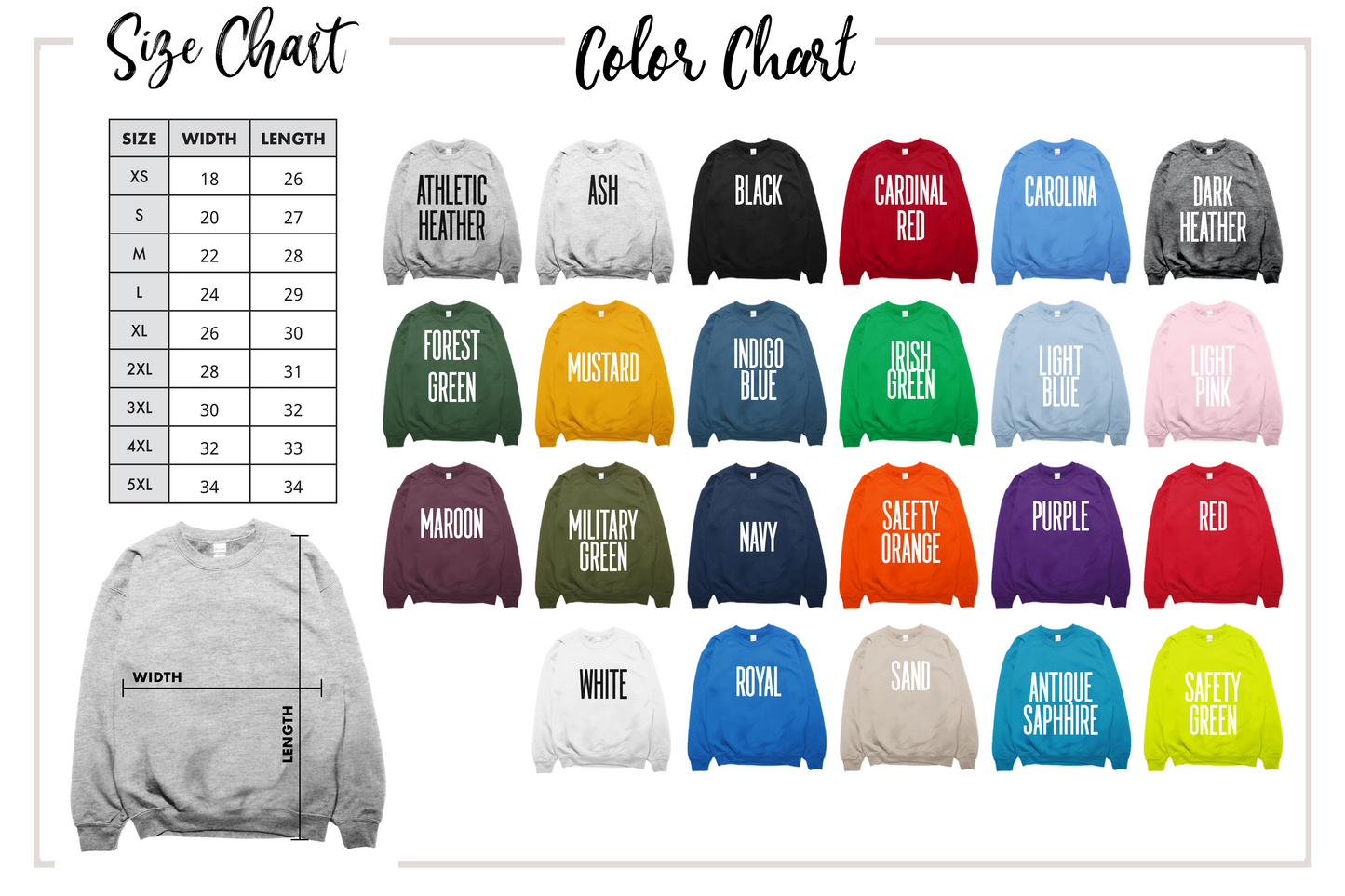 Gildan 18000 Sweatshirt Size And Color Chart