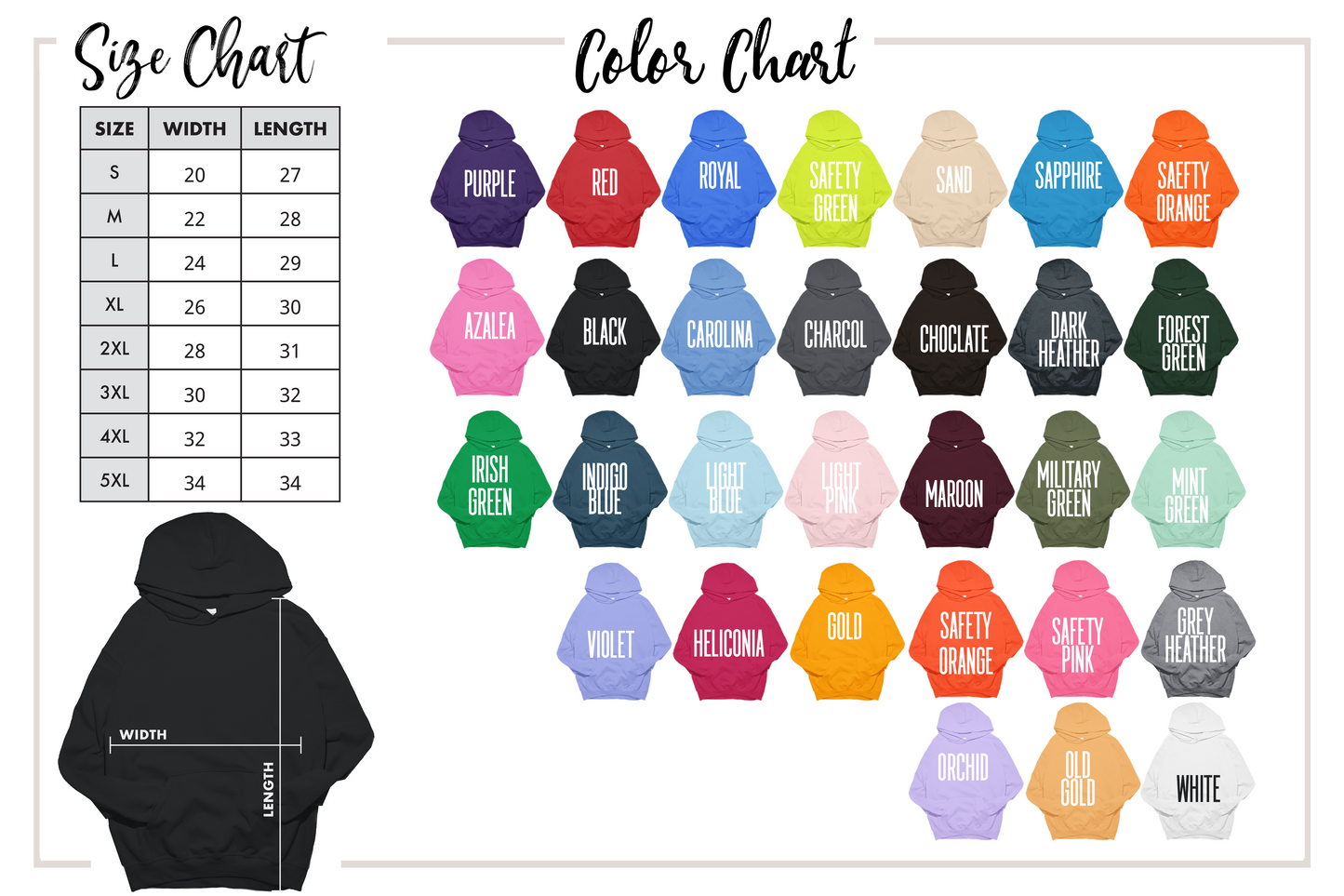 Gildan 18500 Hoodie Size And Color Chart