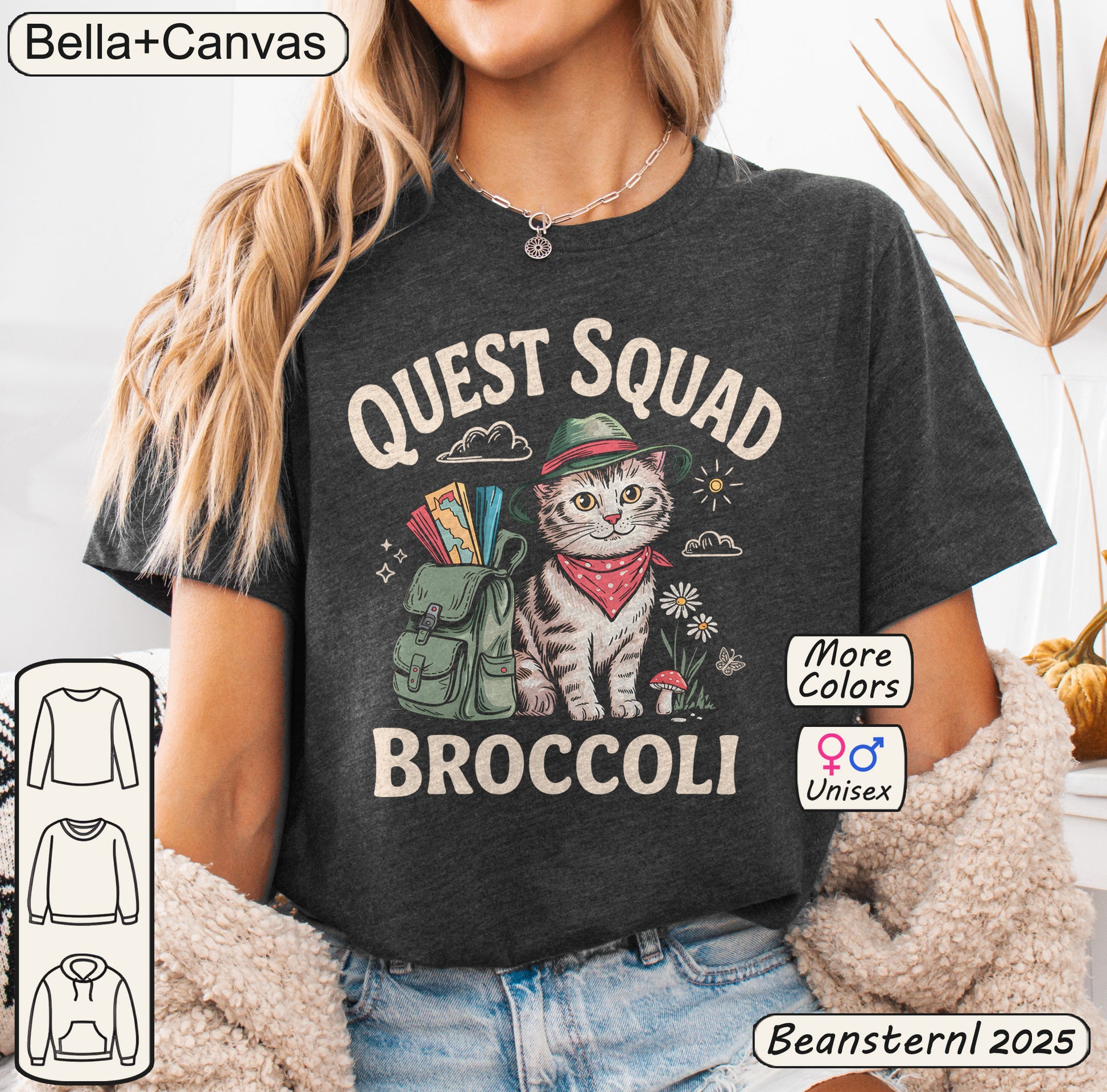 Person wearing a t-shirt with a cat graphic and text 'Quest Squad Broccoli' from Bella+Canvas.