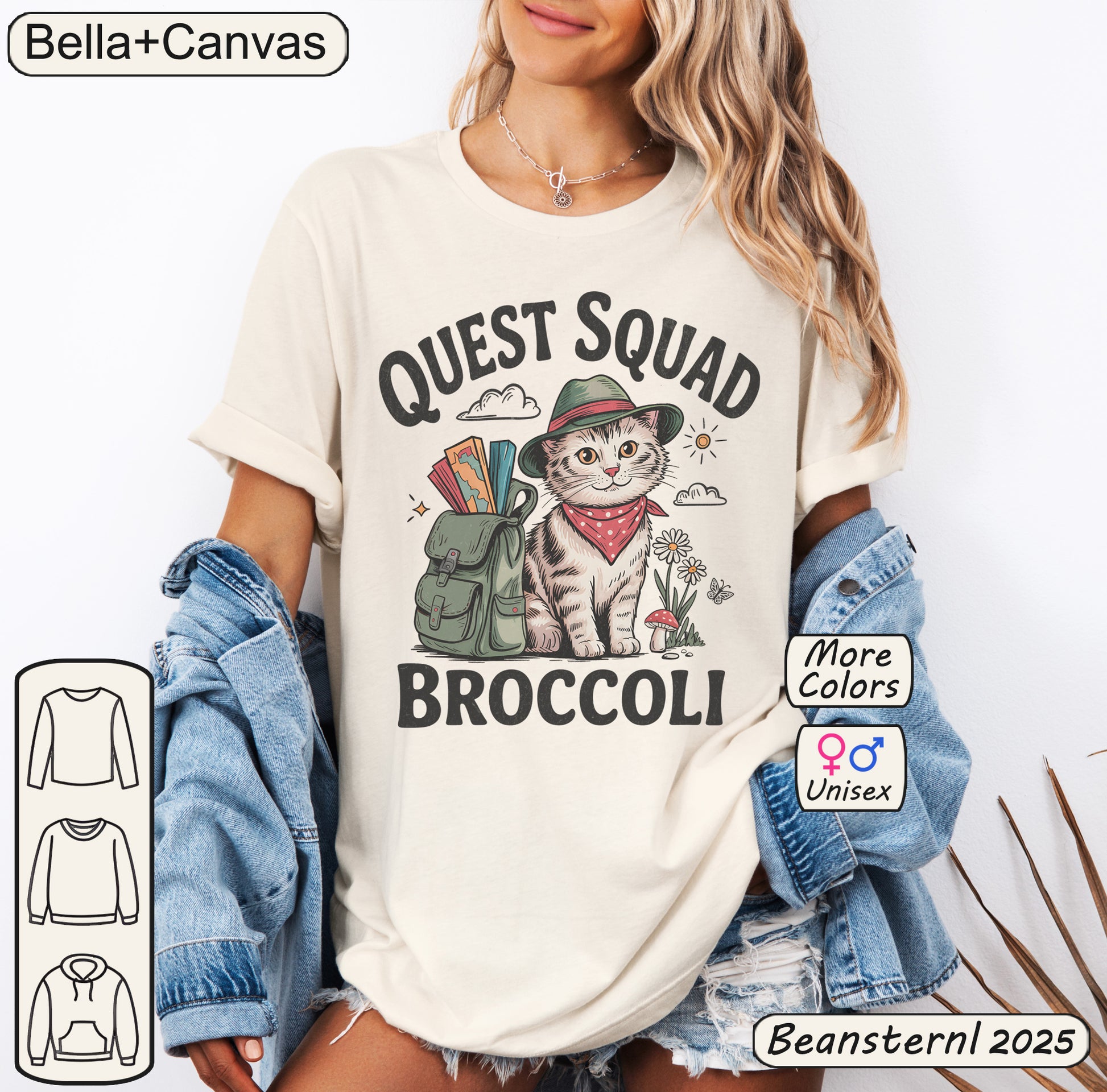 Person wearing a t-shirt with a cat graphic and text 'Quest Squad Broccoli' from Bella+Canvas.