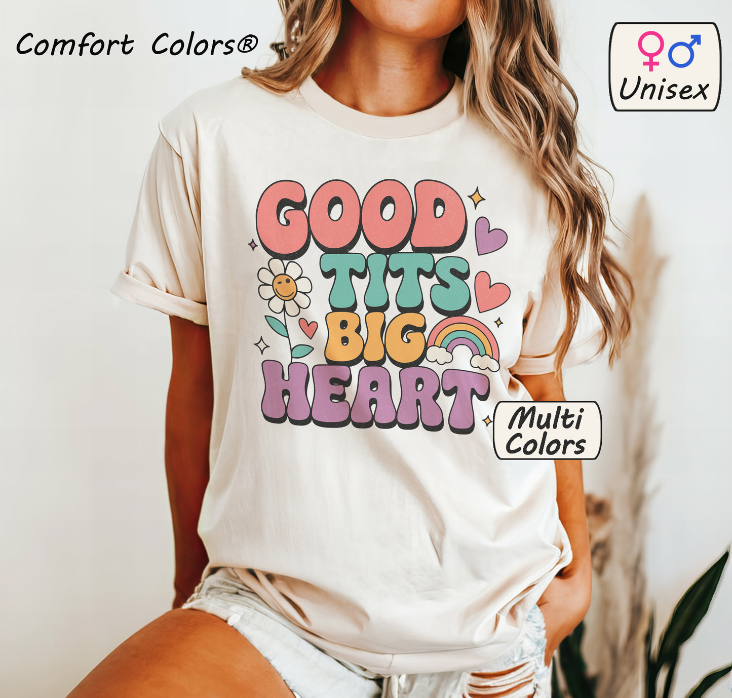Tits Big Heart Retro Rainbow Tee | Funny Bold Shirt