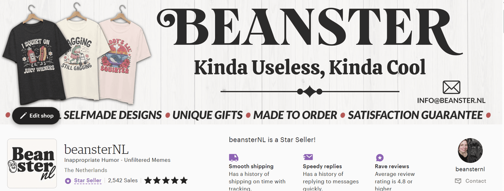 Successful Etsy storefront with 5-star reviews and over 2,500 sales