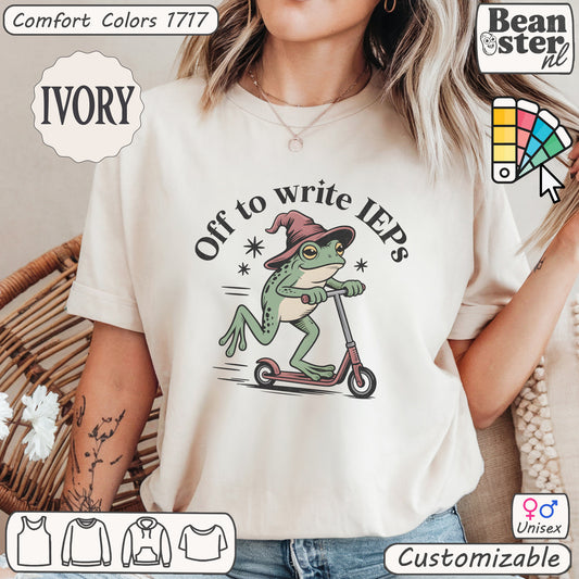 Funny frog scooter shirt with “Off to Write IEPs” text for Special Ed teachers