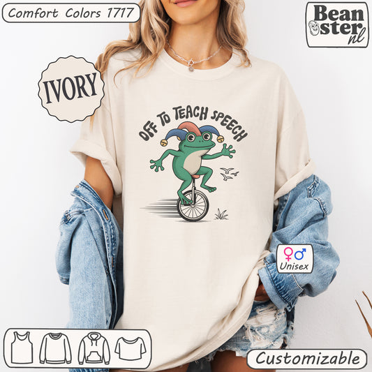 Funny scooter frog t-shirt with “Off to Teach Speech” text