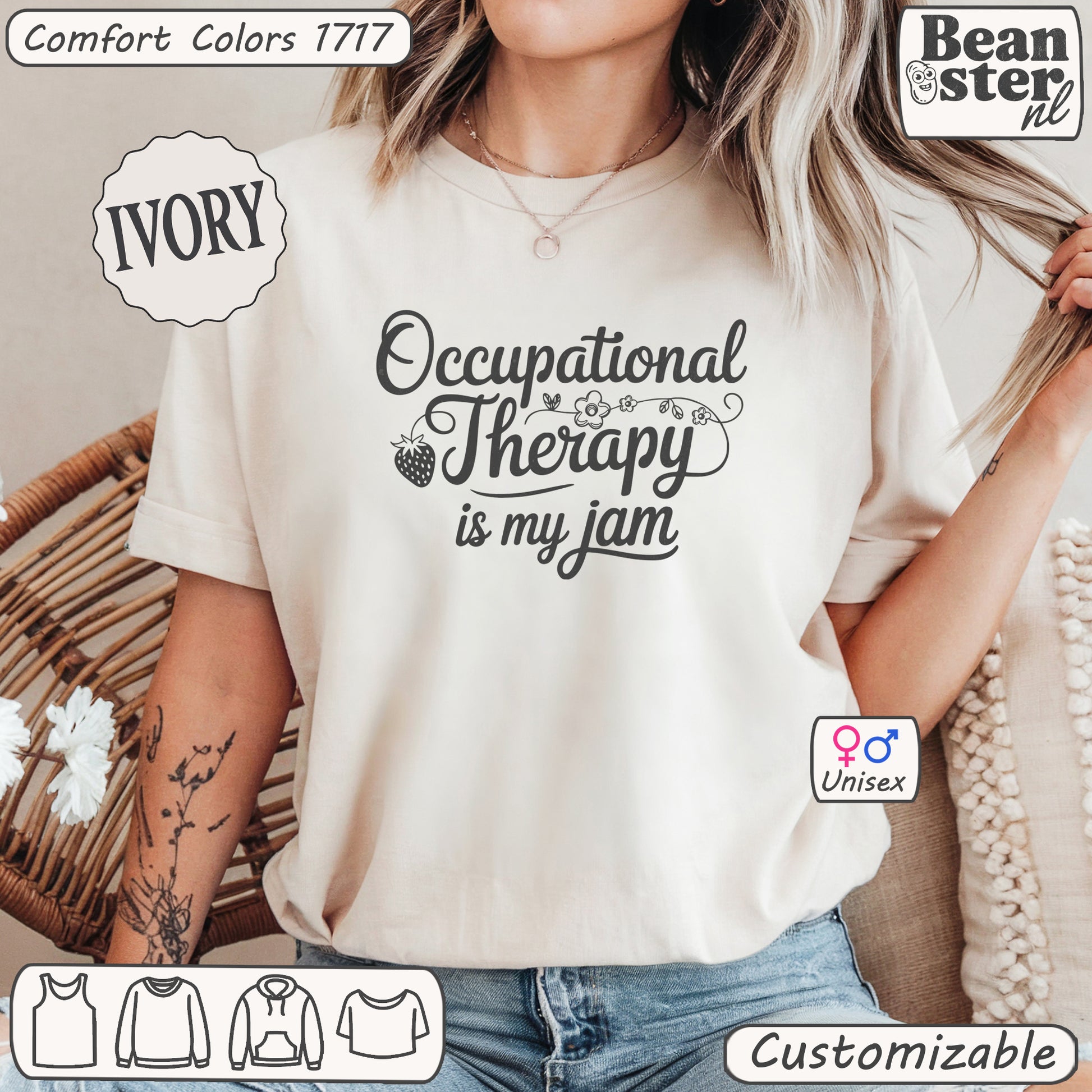 Person wearing a white t-shirt with 'Occupational Therapy is my jam' text, standing in a casual setting.