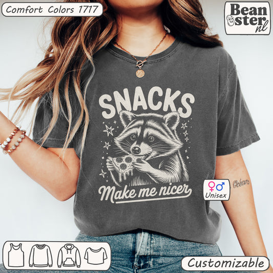 Oversized adult humor tee featuring vintage raccoon and snack joke