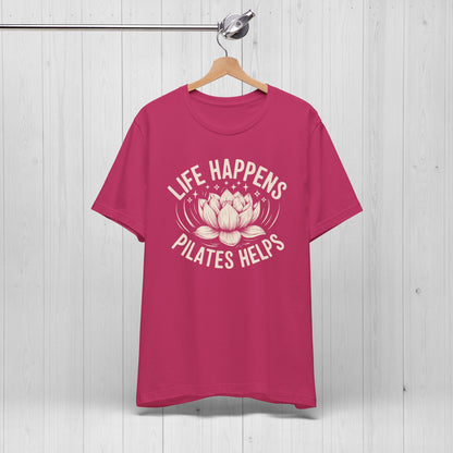 Life Happens Pilates Helps Shirt – Yoga Tee with Lotus