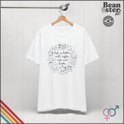 Coffee Cats And Books Shirt | Cozy Reading Tshirt, Vintage Reader Gift, Coffee Lover Retro Tee