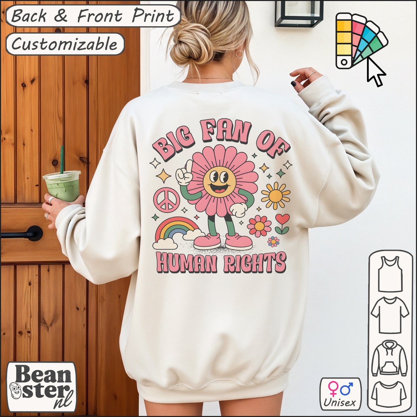 Groovy Flower Sweatshirt – Big Fan of Human Rights Back & Front