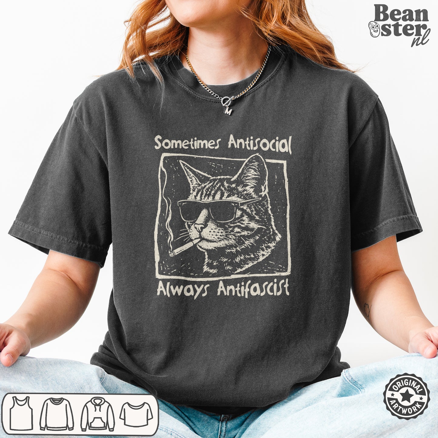 Sometimes Antisocial Always Antifascist Cat T-Shirt