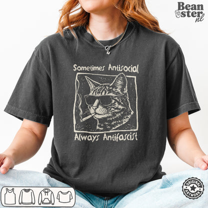 Sometimes Antisocial Always Antifascist Cat T-Shirt
