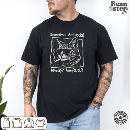 Sometimes Antisocial Always Antifascist Cat T-Shirt