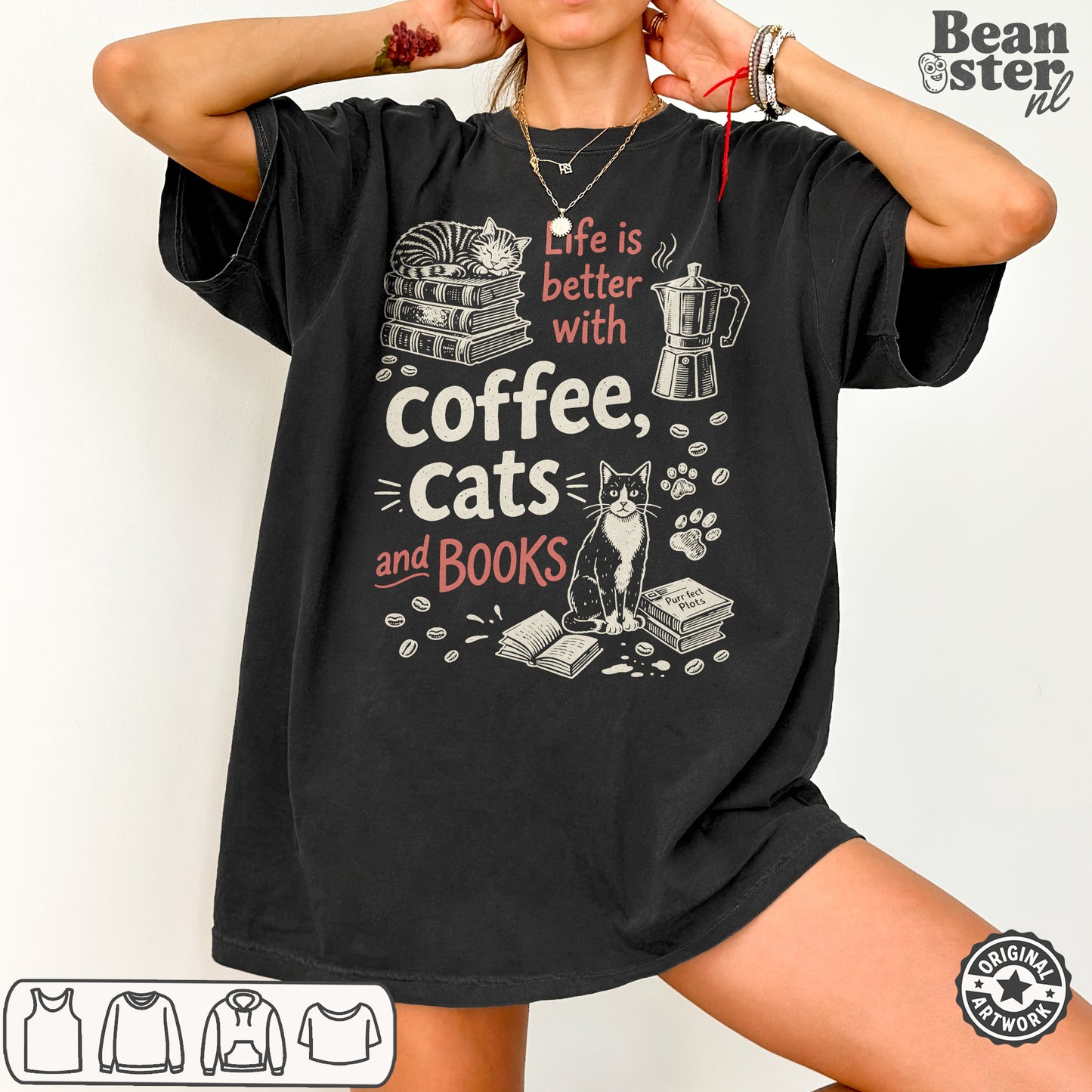 Coffee Cats And Books T-Shirt | Cozy Book Lover Gift