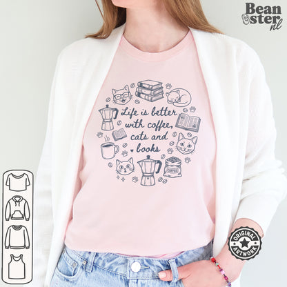 Coffee Cats And Books Shirt | Cozy Reading Tshirt, Vintage Reader Gift, Coffee Lover Retro Tee
