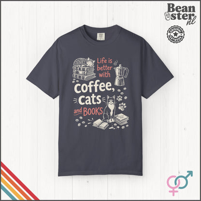 Coffee Cats And Books T-Shirt | Cozy Book Lover Gift