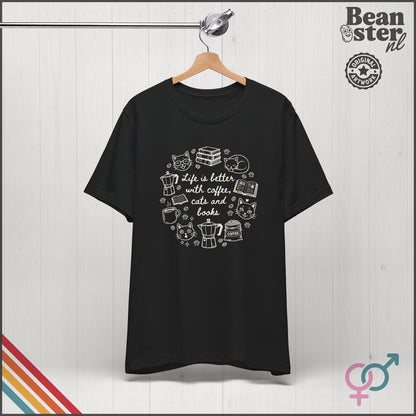 Coffee Cats And Books Shirt | Cozy Reading Tshirt, Vintage Reader Gift, Coffee Lover Retro Tee