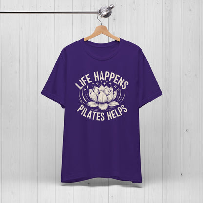 Life Happens Pilates Helps Shirt – Yoga Tee with Lotus
