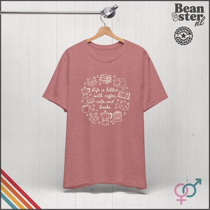 Coffee Cats And Books Shirt | Cozy Reading Tshirt, Vintage Reader Gift, Coffee Lover Retro Tee