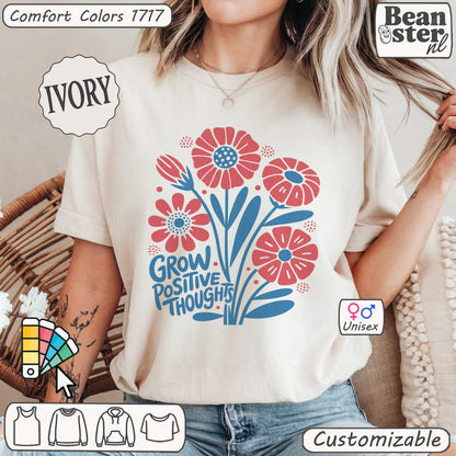 Abstract floral “Grow Positive Thoughts” t-shirt for women, retro style