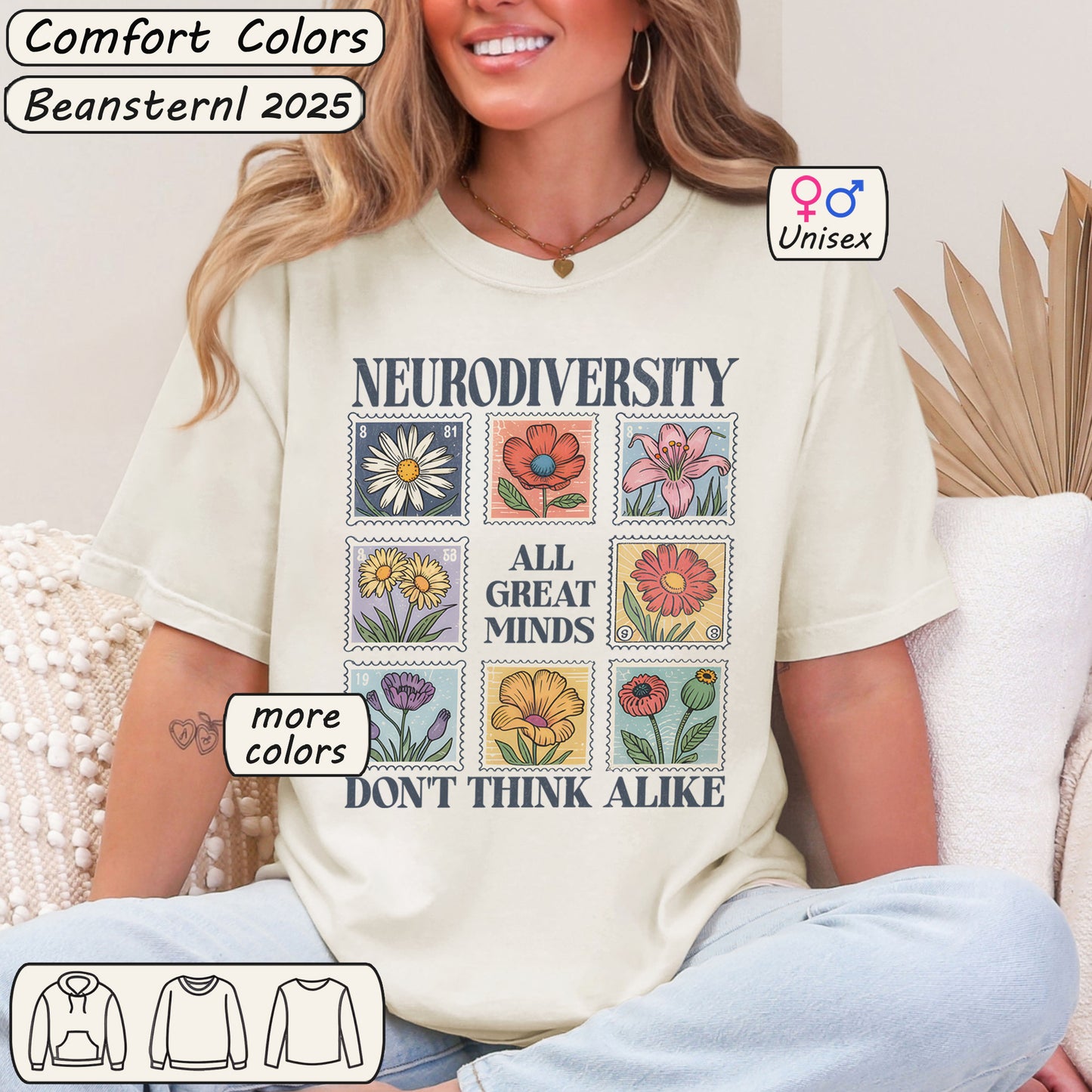 Person wearing a t-shirt with 'Neurodiversity All Great Minds Don't Think Alike' design.