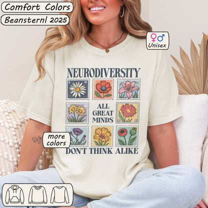 Person wearing a t-shirt with 'Neurodiversity All Great Minds Don't Think Alike' design.