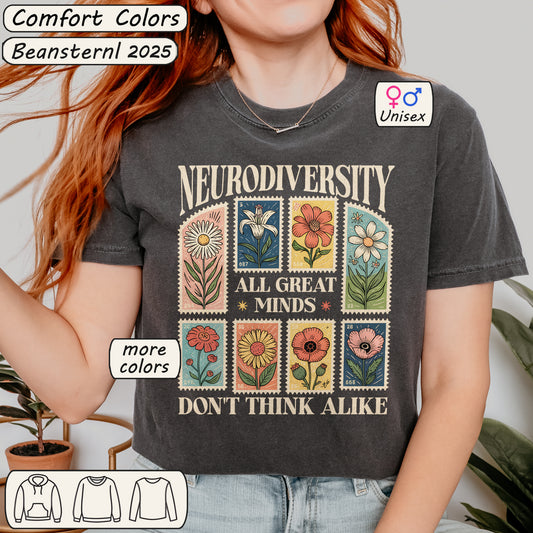 Person wearing a t-shirt with 'Neurodiversity: All Great Minds Don't Think Alike' design, with branding and product information overlay.