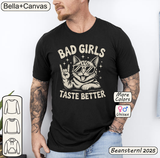 Person wearing a black t-shirt with a cat graphic and text, with Bella+Canvas branding.