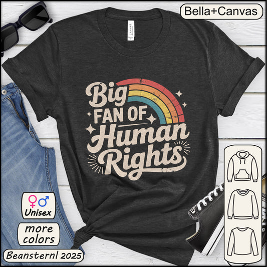 Black t-shirt with 'Big Fan of Human Rights' design on a white background, featuring a rainbow.
