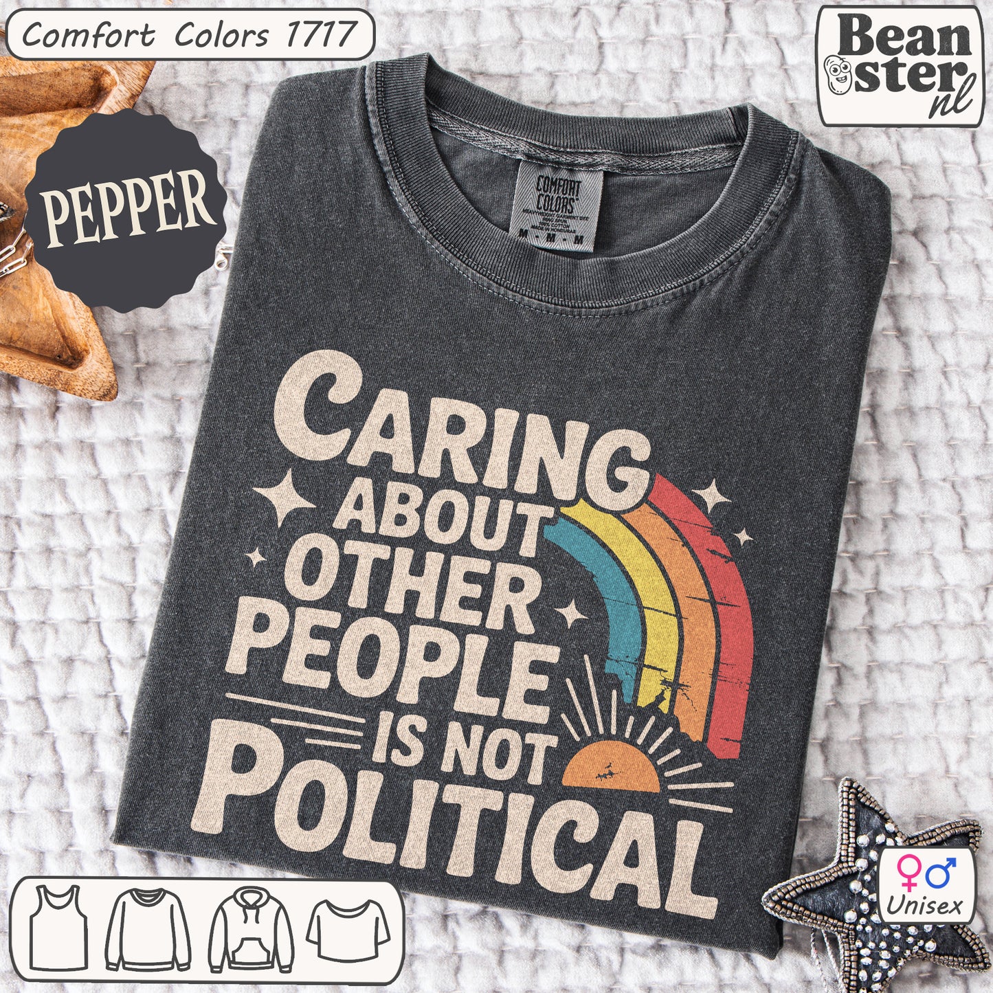 Gray t-shirt with rainbow design and text on a textured surface, featuring the brand 'Beanster'.