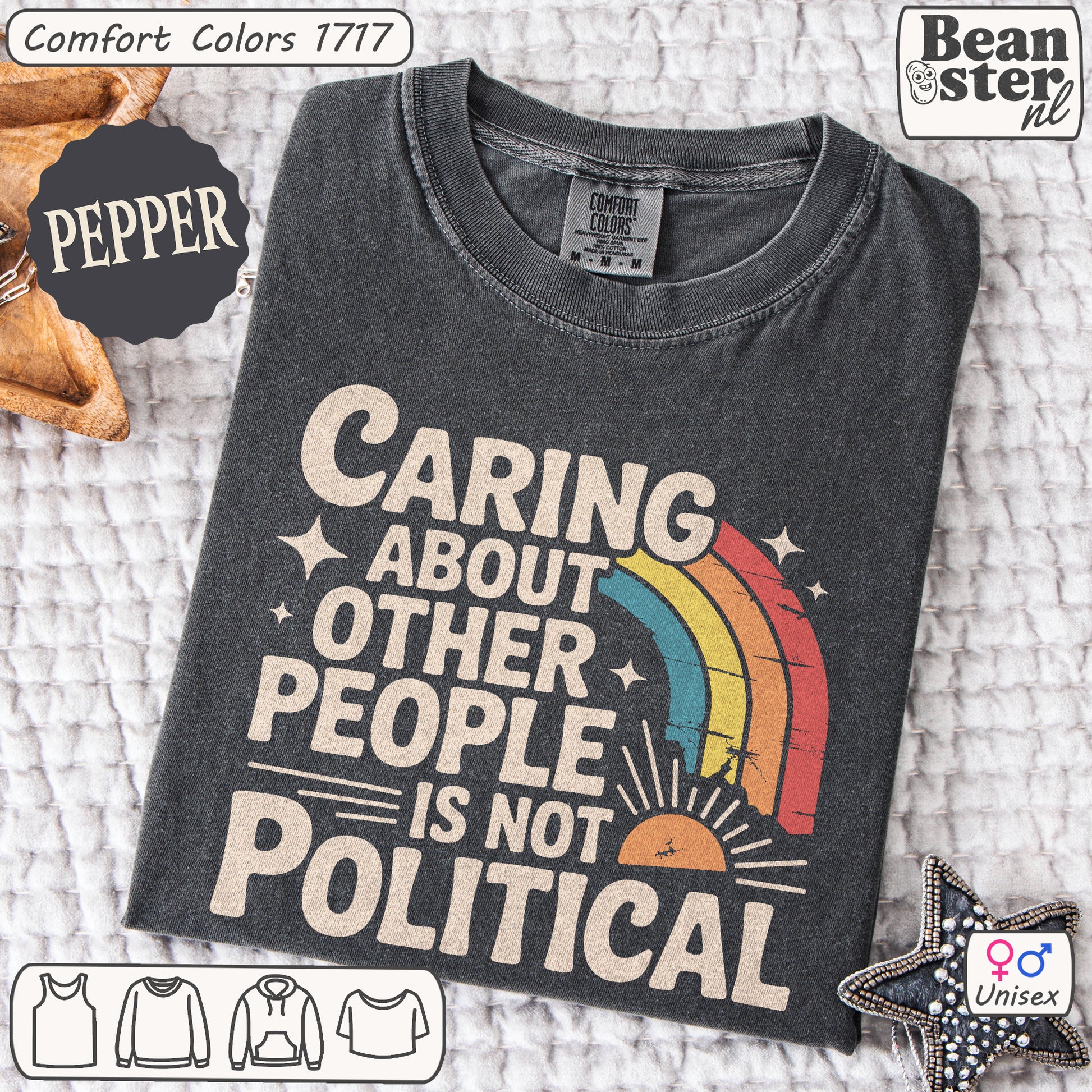 Gray t-shirt with rainbow design and text on a textured surface, featuring the brand 'Beanster'.