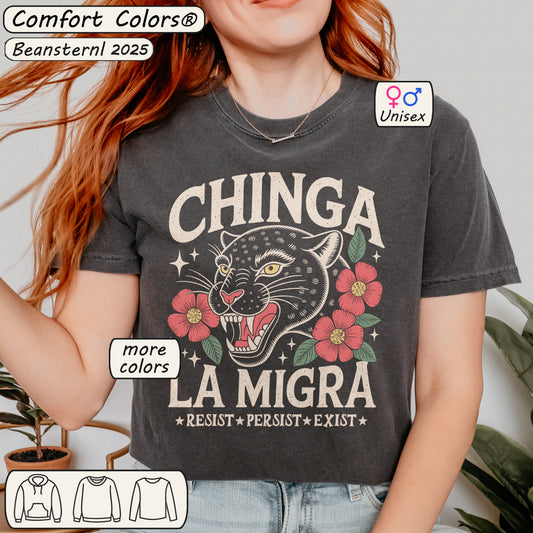 Chinga La Migra Shirt Retro Floral Black Cat