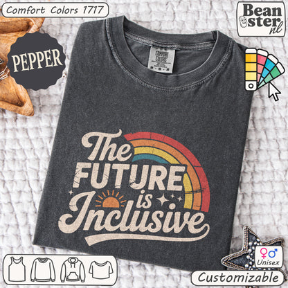 Close-up of rainbow design on The Future Is Inclusive shirt