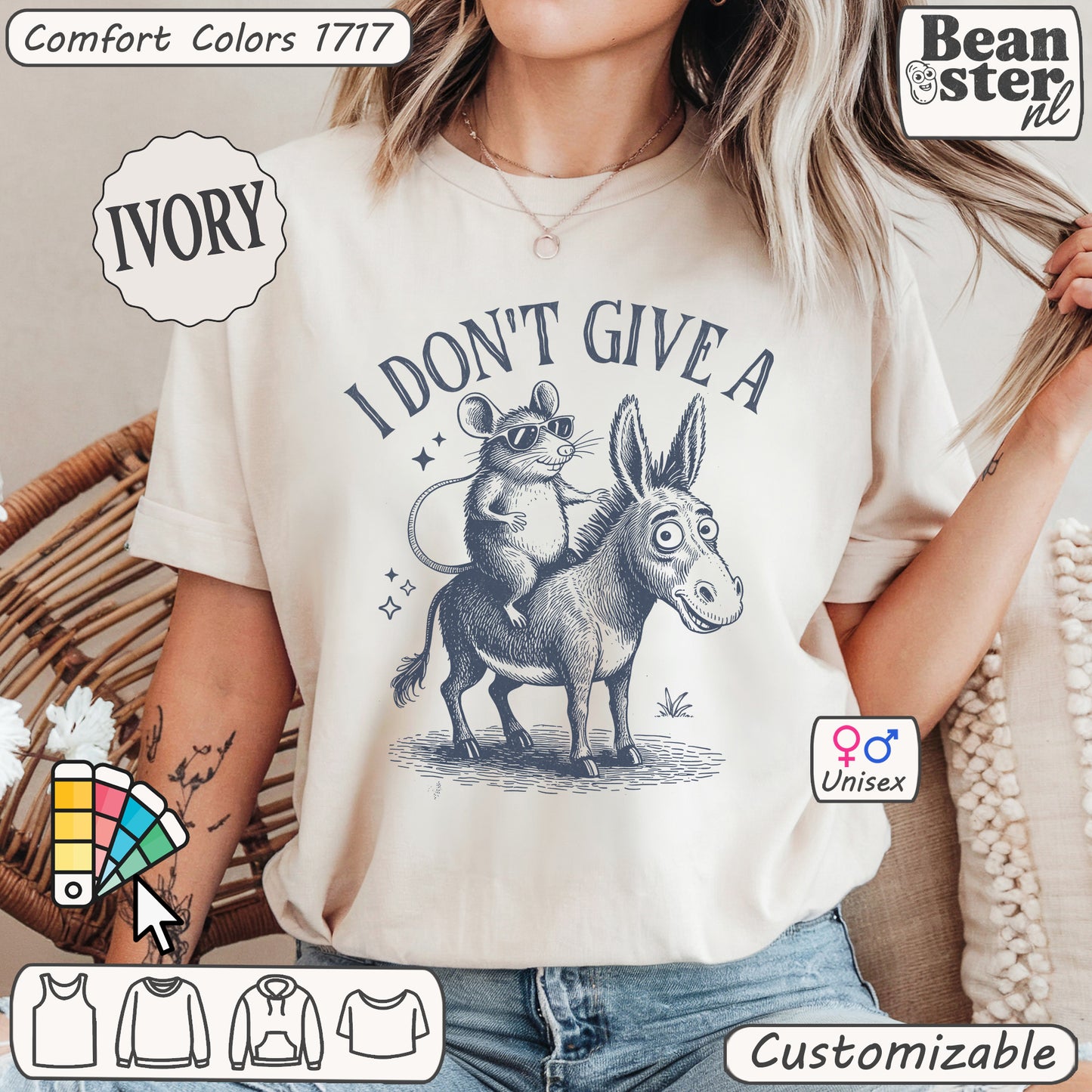 Donkey and rat graphic sweater with text I don't give a rat's ass