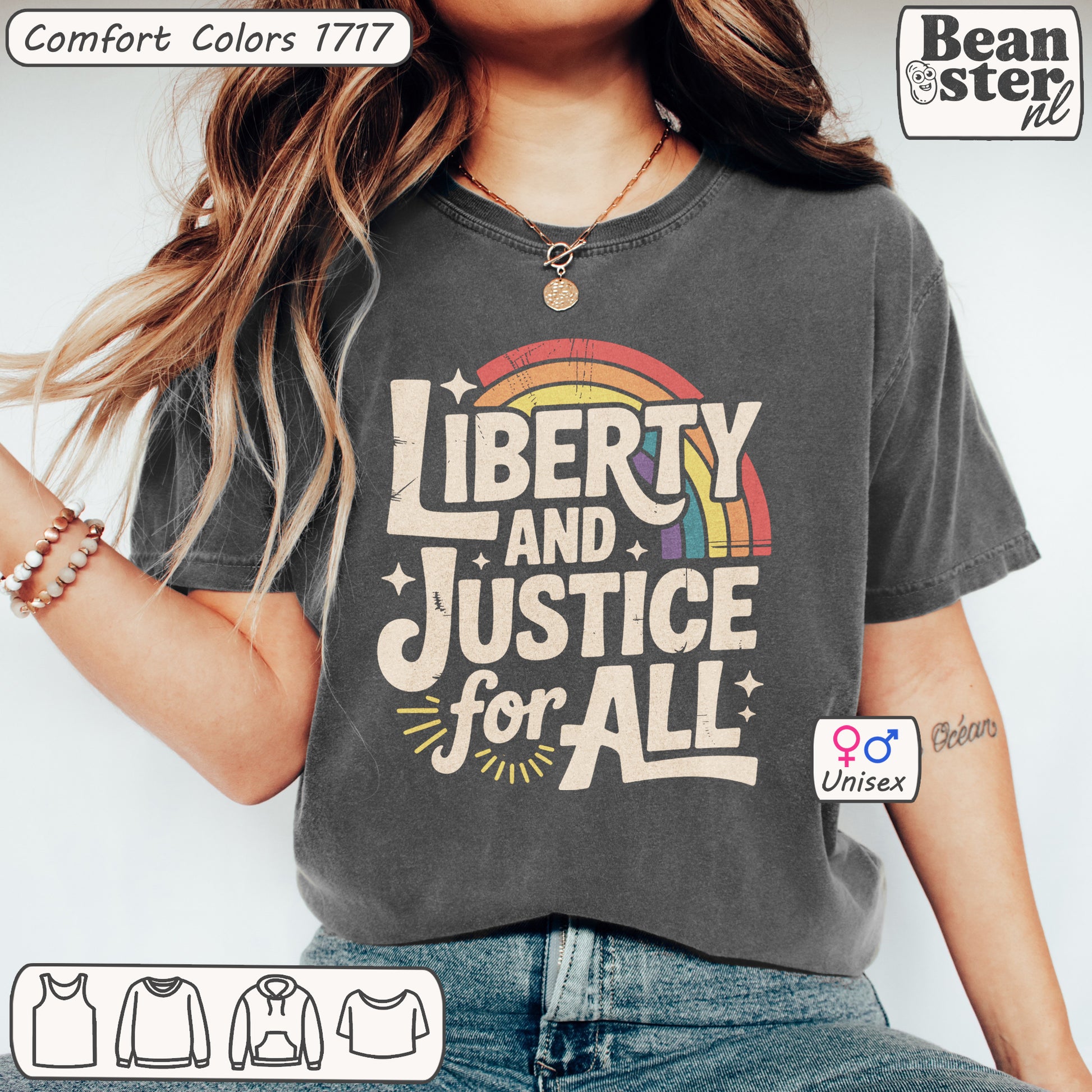Person wearing a gray t-shirt with 'Liberty and Justice for All' text and rainbow design, with Beanster.nl branding.