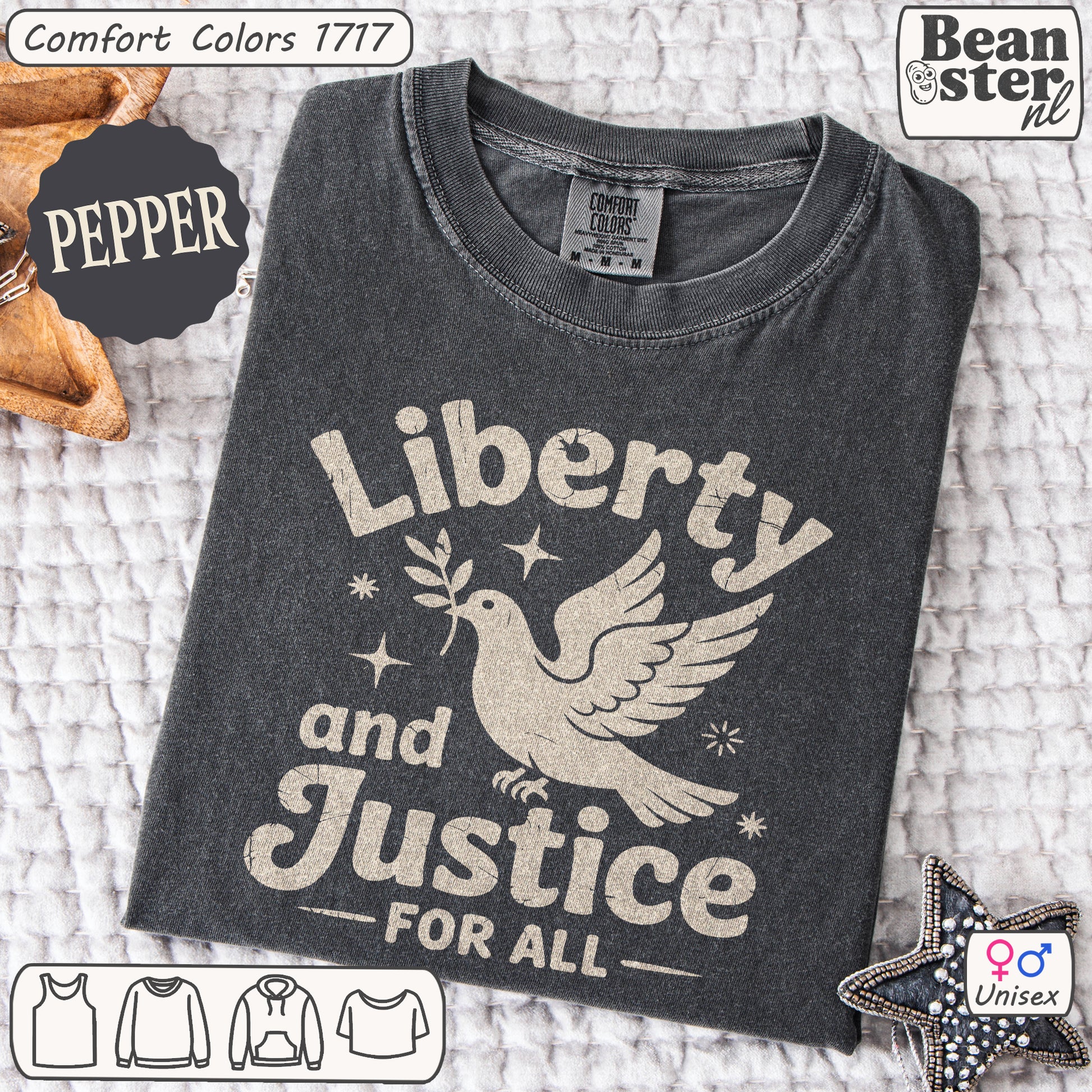 Dark gray t-shirt with 'Liberty and Justice for All' design on a textured surface.