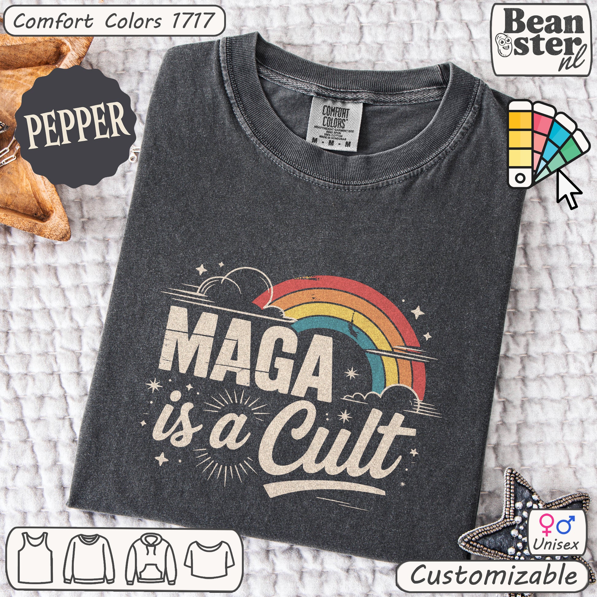 Retro rainbow “Maga Is A Cult” graphic protest t-shirt
