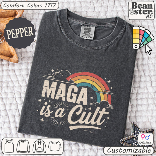 Retro rainbow “Maga Is A Cult” graphic protest t-shirt