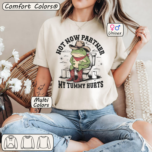 Unhinged frog on a toilet says it all—funny IBS gift tee for meme lovers, lactose haters & fans of weird stuff. Original design.