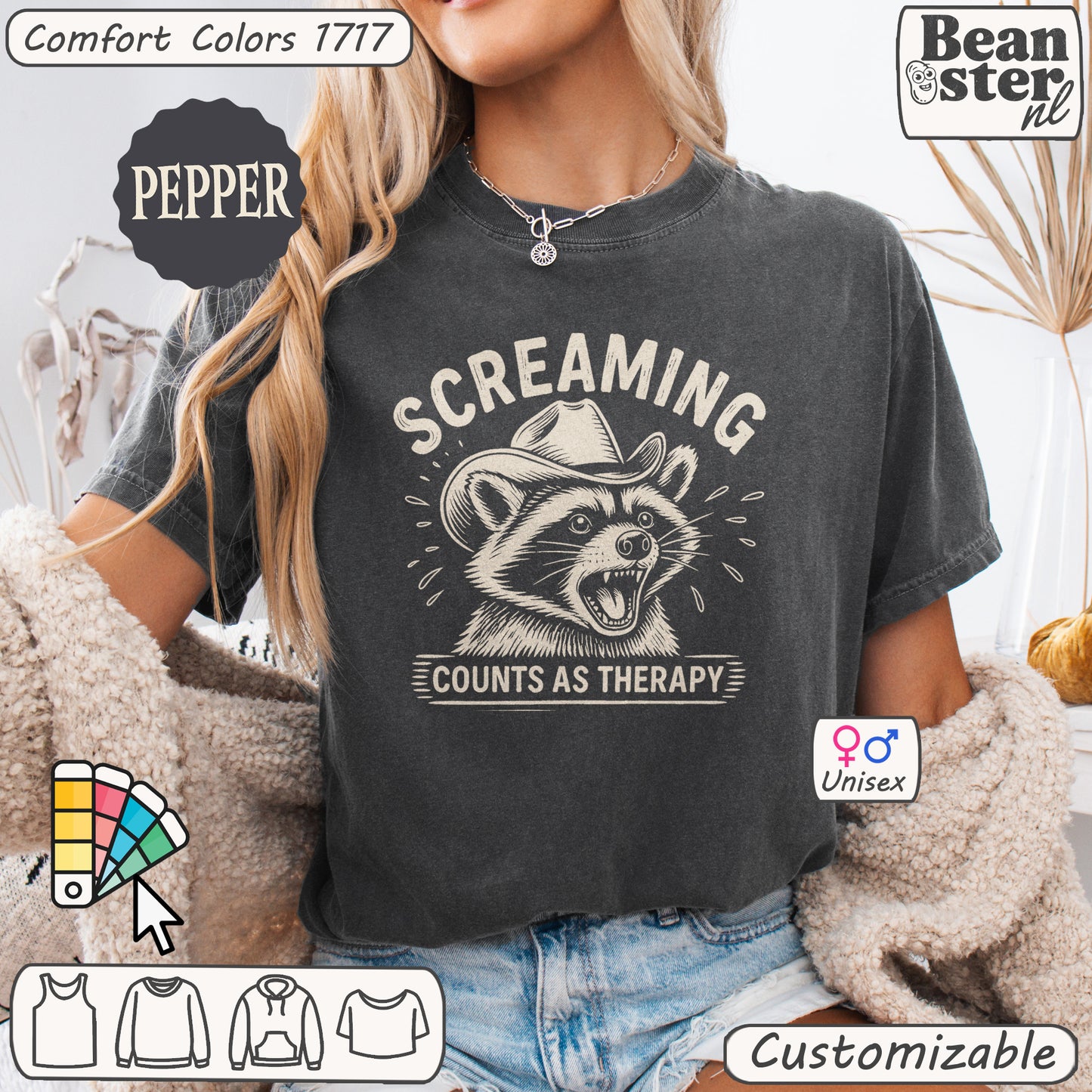 Quirky raccoon t-shirt with “Screaming Counts As Therapy” design