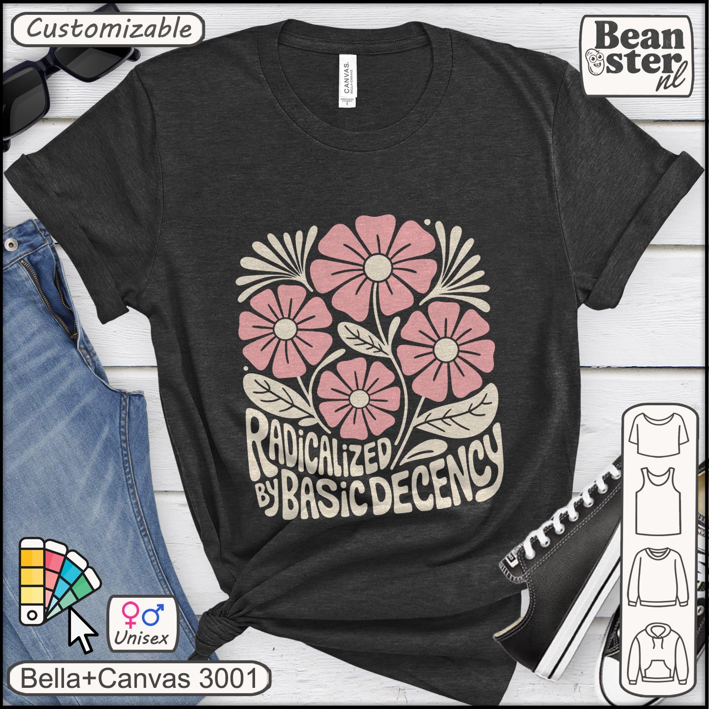 Progressive leftist statement shirt with retro groovy flowers and equality theme