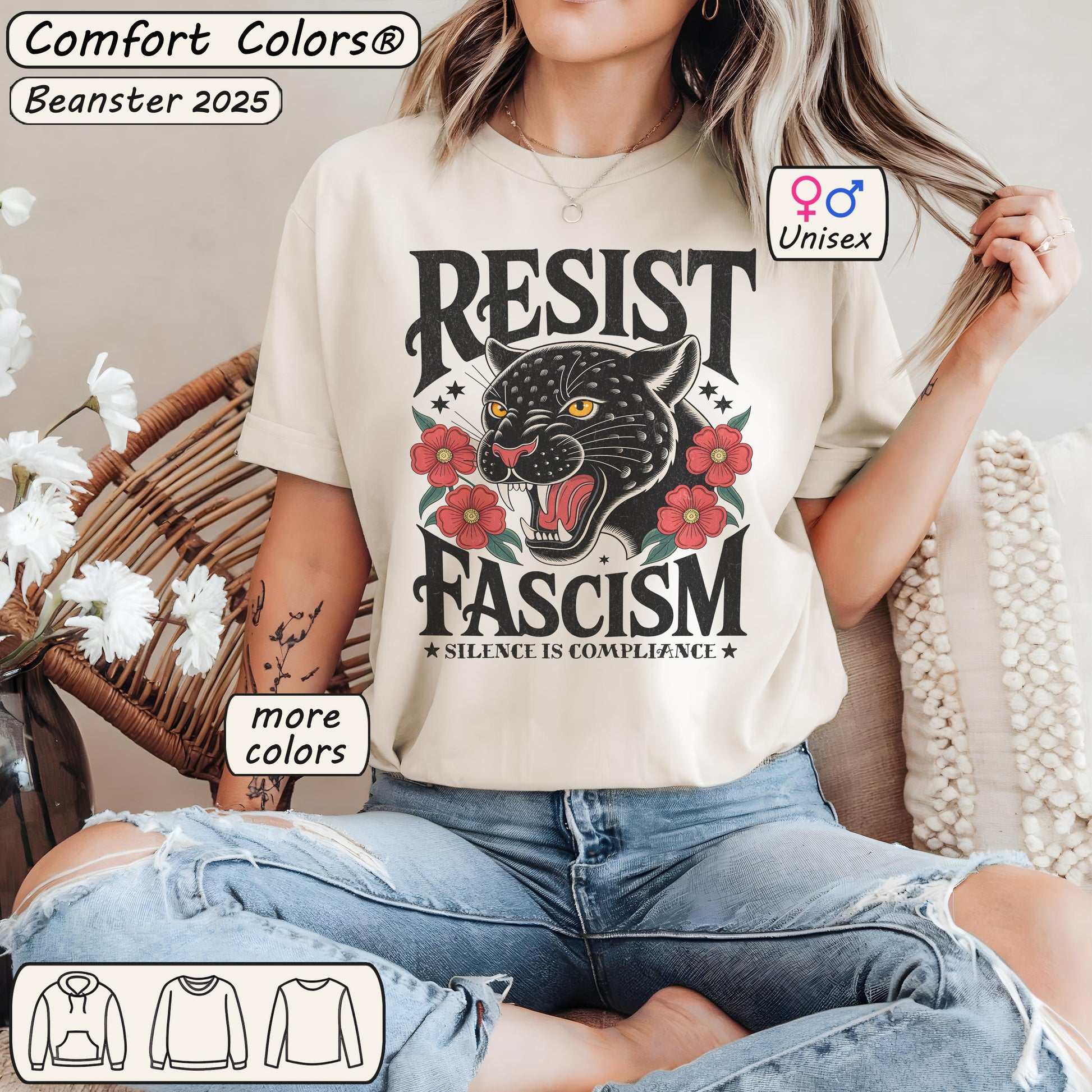 Resist Fascism Shirt – Retro Floral Black Cat Tee